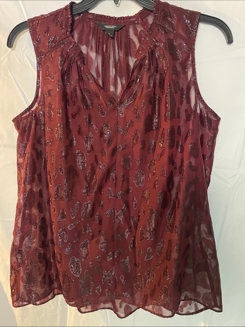 Simply Vera Burgundy Sheer Sleeveless Blouse V-Neck Shimmer metallic blouse